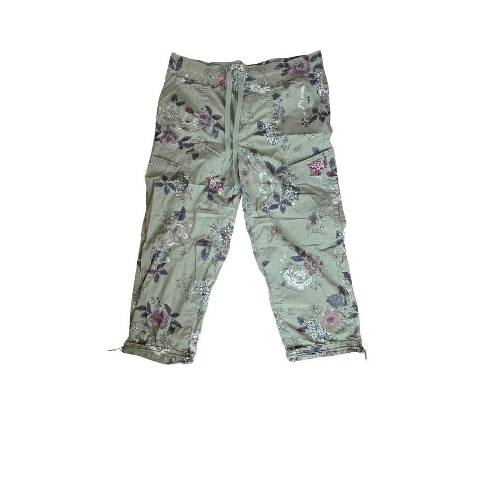 Democracy Olive Green Floral Utility Cargo Capri Pants Drawstring Waist 14